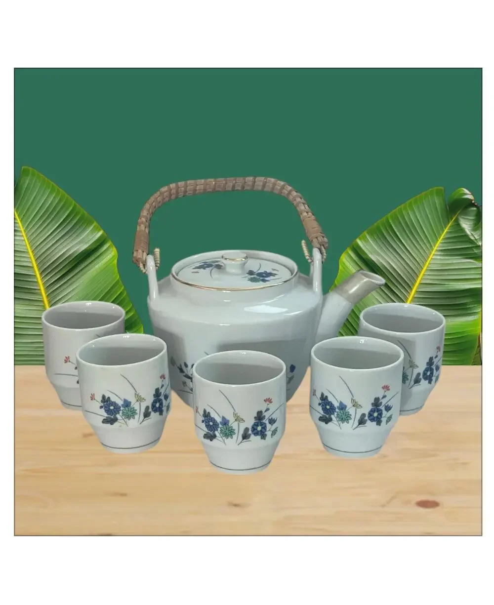 Vintage Japan Teapot with Bamboo Handle and 5 Tea Cups Blue Flowers